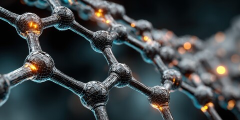 A futuristic science banner of a graphene molecular structure with glowing nodes.


