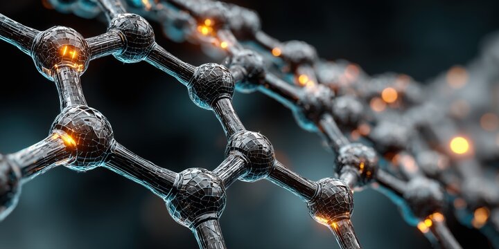 A futuristic science banner of a graphene molecular structure with glowing nodes.

 - Powered by Adobe