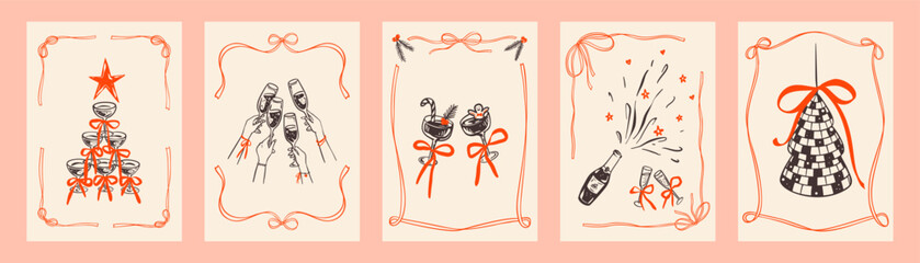 Set of Merry Christmas and Happy New Year posters, greeting cards, covers, invitations. Hand drawn whimsical doodle drawings. Popping champagne bottle, disco ball, Christmas cocktails, champagne tower