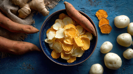 Assorted Root Vegetables and Chips on Blue Background