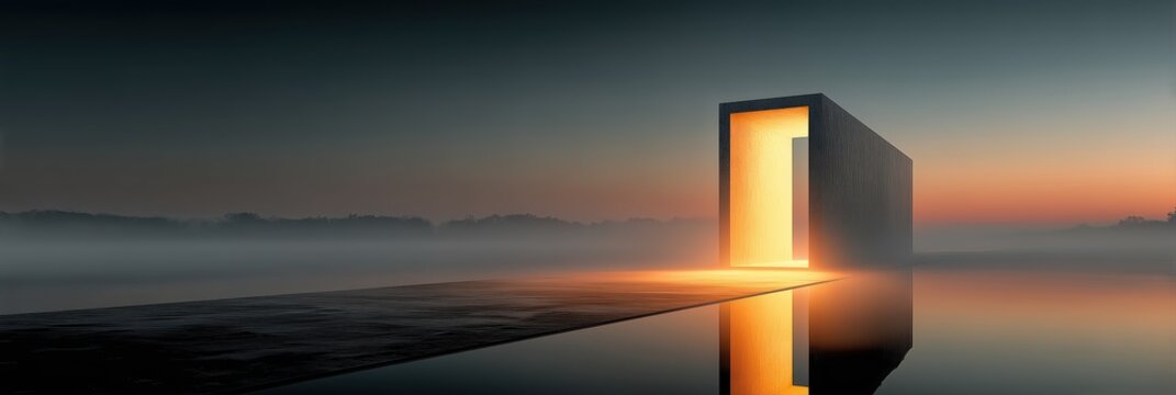 A surreal landscape banner with a mysterious glowing portal reflecting in water.

