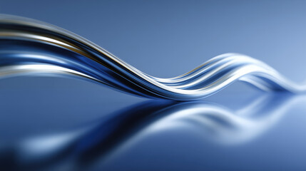 An elegant liquid metal wave with a sleek chrome texture on a reflective blue background.

