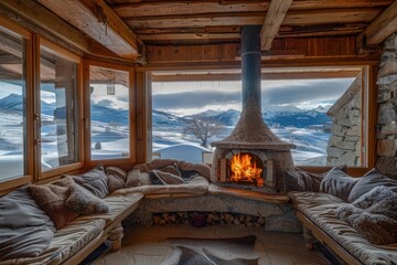 Fototapeta premium Fireplace furniture mountain window.