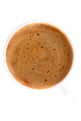Overhead shot of fresh coffee with foam texture isolated on a transparent background.