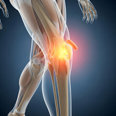 Knee Anatomy with Highlighted Pain Illustration on Blue Background