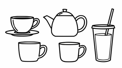 Collection of various drinkware including teacups, mugs, a teapot, and a cold beverage cup with a straw.