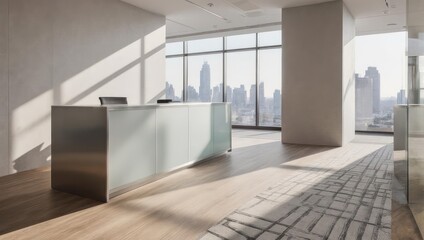 Modern Office Reception Area with City View and Natural Light.
