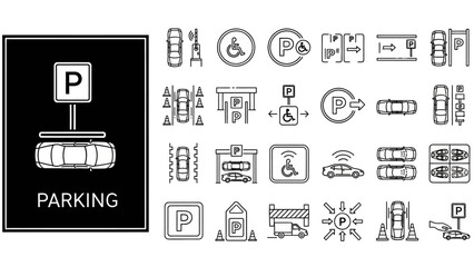 Parking icons set in a thin line style. Collection of car park symbols including smart parking, accessible spaces, and payment systems vector illustrations