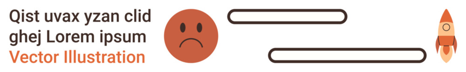 Personal development, progress, emotion, communication, growth, motivation. A sad face, text bars and a rocket icon. Progress and motivation concept with visual elements of transition