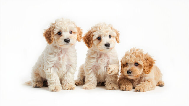 Adorable Cavapoo puppies posing together on a clean white background
