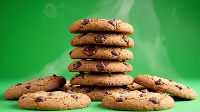 full view chocolate chip cookie stack and single cookies arranged neatly on green screen background 