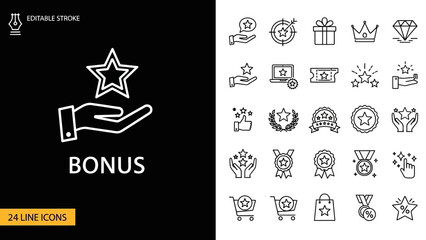Elegant Line Icon Set for Bonus Programs, Customer Loyalty Rewards, Special Offers, Achievement Incentives, and Marketing Strategy Concepts