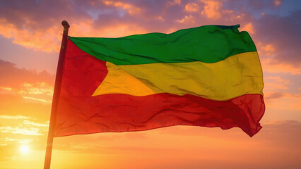 The flag of Benin waving in the wind against a beautiful sunset sky