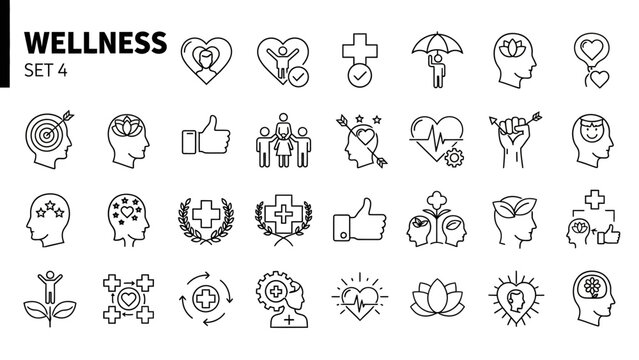 Collection of icons representing wellness, health, and mindfulness activities for lifestyle and wellbeing