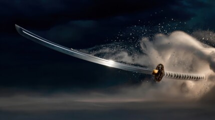 The katana cuts through a cloud of dust in motion, the blade shining against the dark scene.