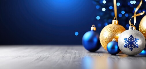 christmas ornaments on wood with blue bokeh, empty space banner for retail, holiday, events