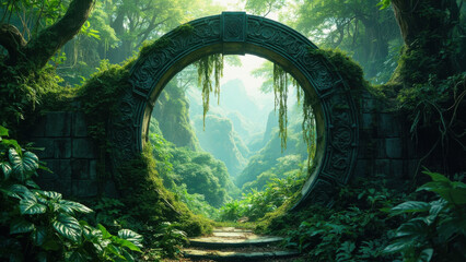 Ancient stone archway in lush green forest with a scenic mountain view