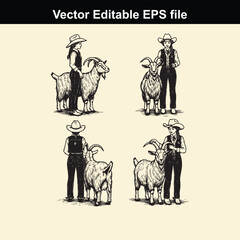 vintage style vector illustration set featuring four different poses of a female farmer or rancher standing next to a goat, suitable for agricultural or rural themes
