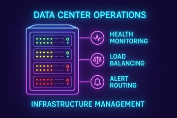 Data center infrastructure infographic with server racks, cooling, and power for IT operations