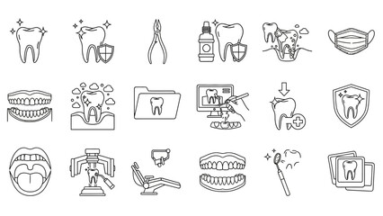Dental care and oral hygiene Collection of teeth, tools, and medical icons