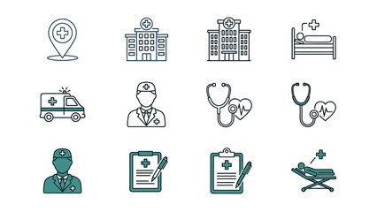 A comprehensive collection of line art icons representing healthcare services, medical professionals, hospital equipment, and clinical data