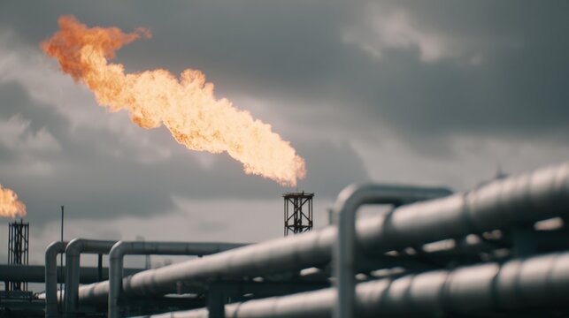 Shot focusing on industrial flares and gas pipelines demonstrating sustainable landfill gas power generation technology in action.