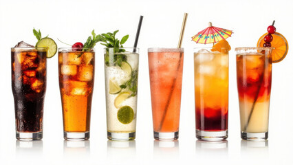 Fototapeta premium Refreshing cocktails with garnishes on a white background, perfect for summer