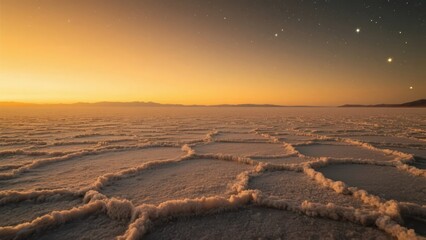 Salt flats at twilight with starry sky and hexagonal patterns