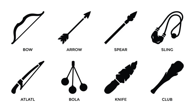 Bow arrow spear sling atlatl bola knife club. Primitive hunting weapons. Ancient tools collection.