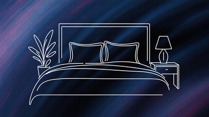 White line drawing shows cozy bedroom setup against a textured dark backdrop