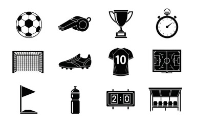 Collection of black and white flat vector icons depicting essential soccer equipment, fields, and elements, ideal for graphic design and digital media applications