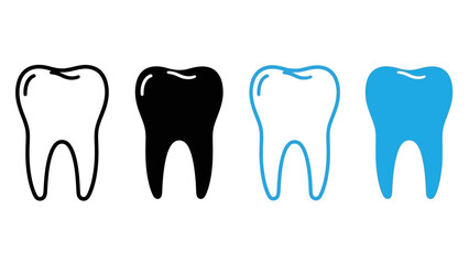 Set of tooth icons in different styles. Dental care symbol collection including outline, solid glyph, and blue color variations. Vector illustration for web