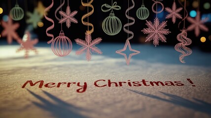 Festive Christmas showcases decorative ornaments above text saying Merry Christmas on a textured surface