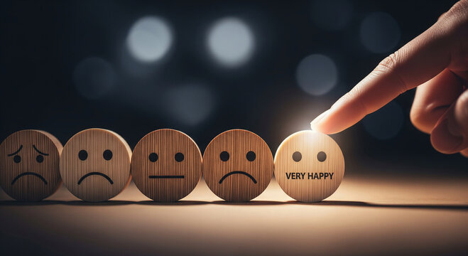 Wooden rating icons on a table, with a hand emphasizing the smiley face. Clean, low-key lighting conveys reliability and professional service evaluation.
