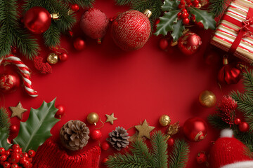 Fototapeta premium Red Christmas border with glossy ornaments and empty center.
