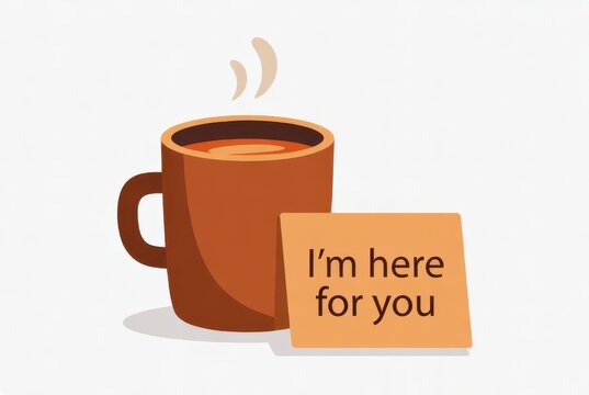 Warm tea mug and note card reading “I’m here for you”
