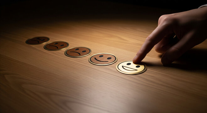 Wooden rating icons on a table, with a hand emphasizing the smiley face. Clean, low-key lighting conveys reliability and professional service evaluation.
