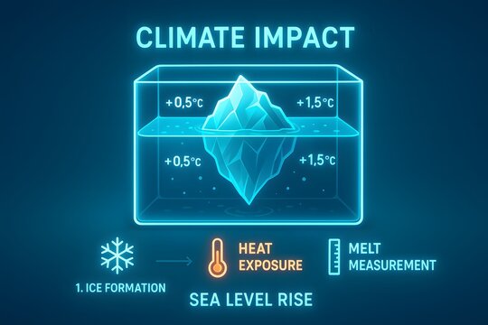 Infographic on climate change impact showing melting iceberg and sea level rise for education