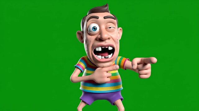 Hilarious 3D animation of one of the most ugly cartoon characters laughing and pointing at something off-screen, isolated on green screen