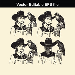 vector editable eps file featuring four black and white illustrations of a cowgirl wearing a cowboy hat and holding a hawk or eagle on her gloved hand, shown from front and back views