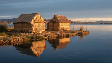 Traditional reed houses on a floating island in a calm lake at sunset
