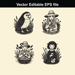 collection of four black and white vintage style illustrations featuring an owl and three children wearing hats, set against a light background, vector editable eps file
