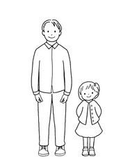 An illustration of a cute father and daughter. Monochrome.