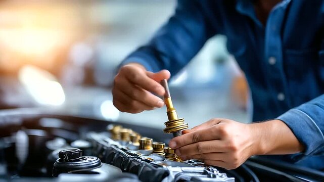 PCV valve replacement, automotive emission service, mechanic installing component, professional maintenance procedure, engine bay work focus, crankcase ventilation care, faceless w