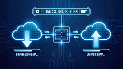 data storage technology concepts. Clouds and cloud icons that are currently downloading