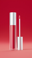 Minimalist lip gloss tube with metallic cap standing on a red gradient background, highlighting modern beauty, elegance and cosmetic product design.