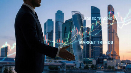 Businessman offering for handshake with cityscape and financial graph on blurred building background, Business Trading concept
