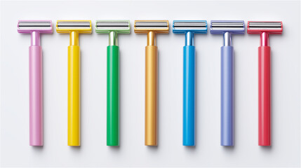 Colorful set of razors aligned in a row on a clean surface, representing grooming, shaving tools and personal care essentials.