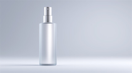 Silver spray bottle standing on a cool-toned gradient background, symbolizing cosmetic mist, hygiene and modern product aesthetics.