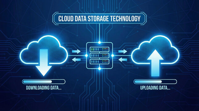 data storage technology concepts. Clouds and cloud icons that are currently downloading
